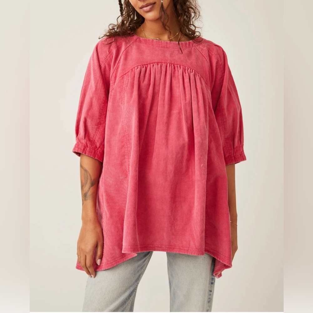 Free People Women's XS Pink Corduroy Puff Sleeve Tunic Top - Picture 4 of 16